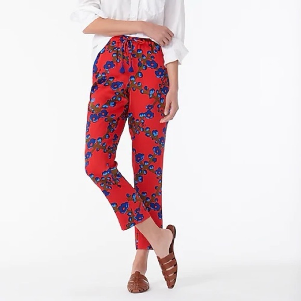 J.Crew Red Blue Drapey Pull-On Pant In Lattice Floral 10